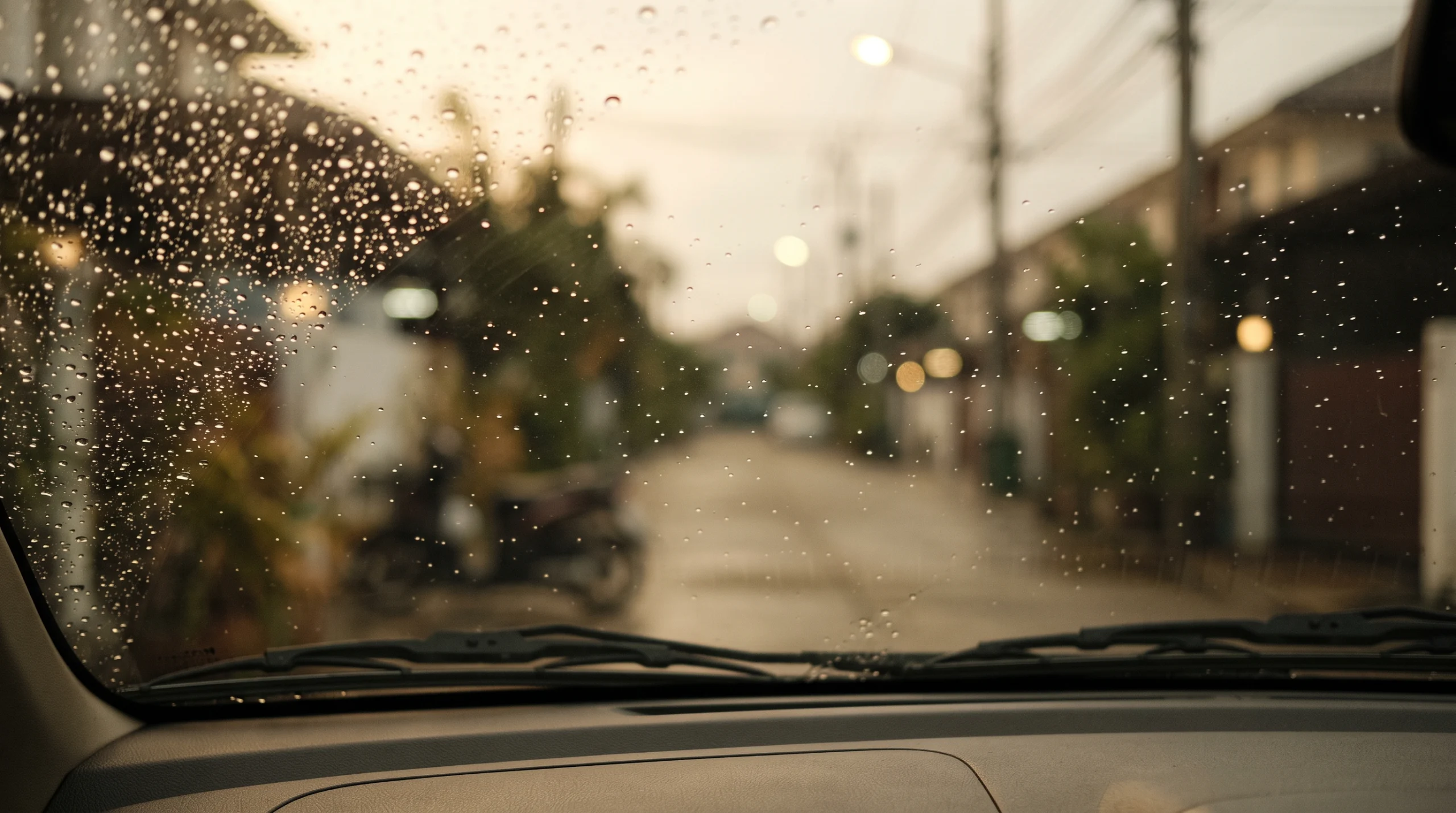 มองผ่านกระจกหน้ารถตอนเช้าหลังฝนหยุด หยดฝนเกาะครึ่งบนของกระจก ก้านปัดน้ำฝนพักอยู่ที่ขอบล่าง ข้างนอกเป็นซอยเปียกกับไฟถนนเบลอ