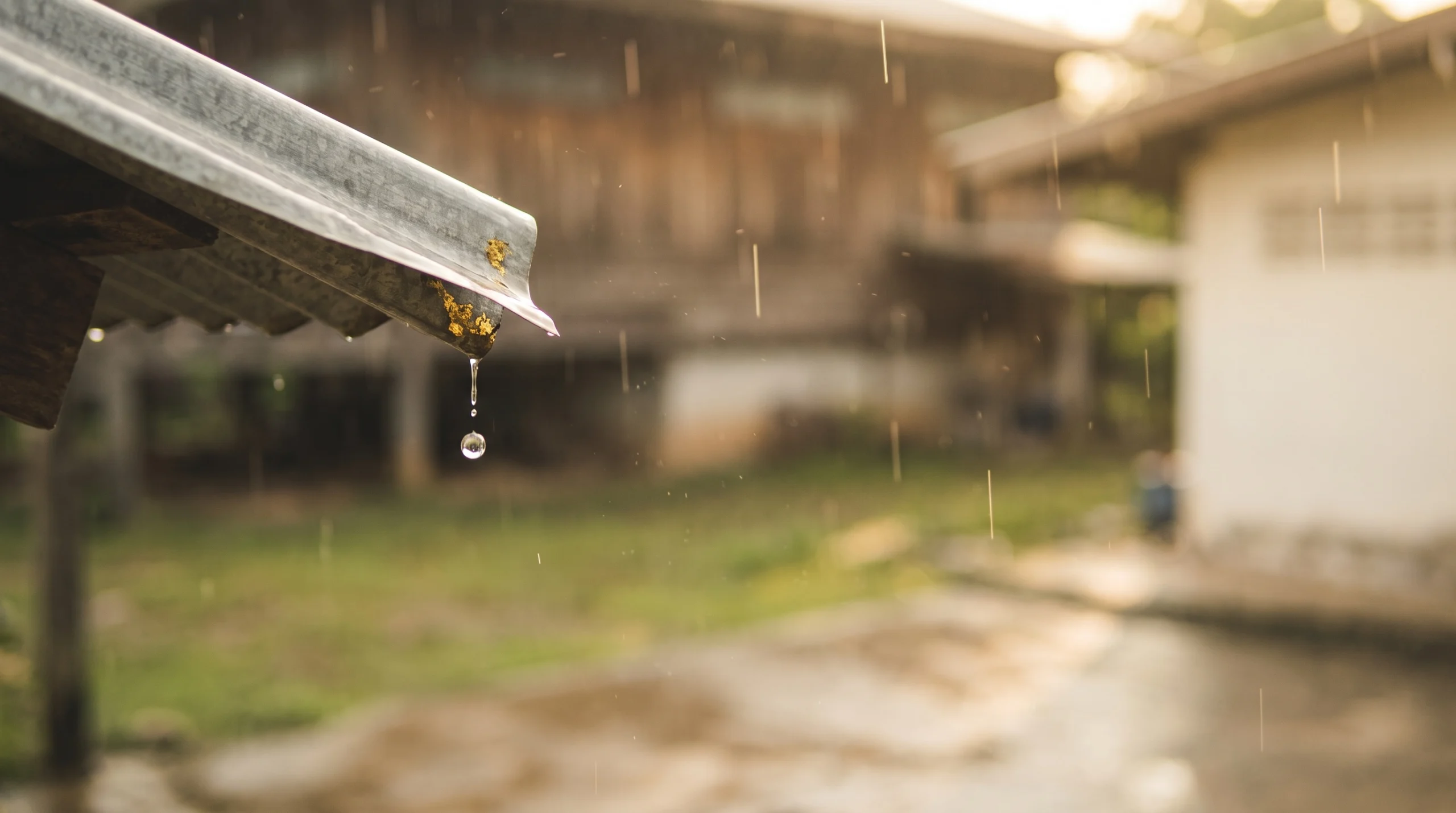 หยดน้ำฝนร่วงจากขอบชายคาสังกะสีหน้าบ้านไม้ ลานหน้าบ้านเปียก ฝนตกบาง ๆ