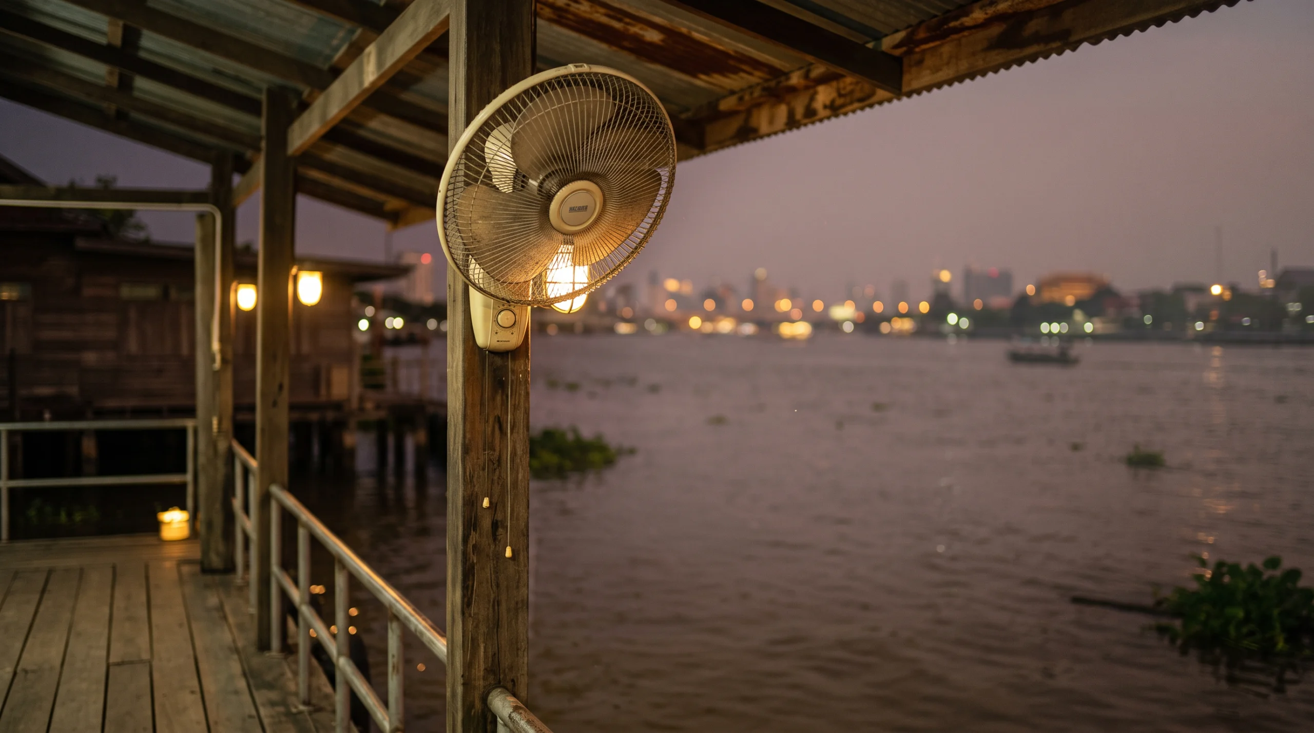 พัดลมติดเสาในศาลารอเรือริมแม่น้ำตอนโพล้เพล้ ข้างหลังเป็นแม่น้ำกว้างมีผักตบชวาลอย และไฟเมืองฝั่งตรงข้ามเพิ่งติด
